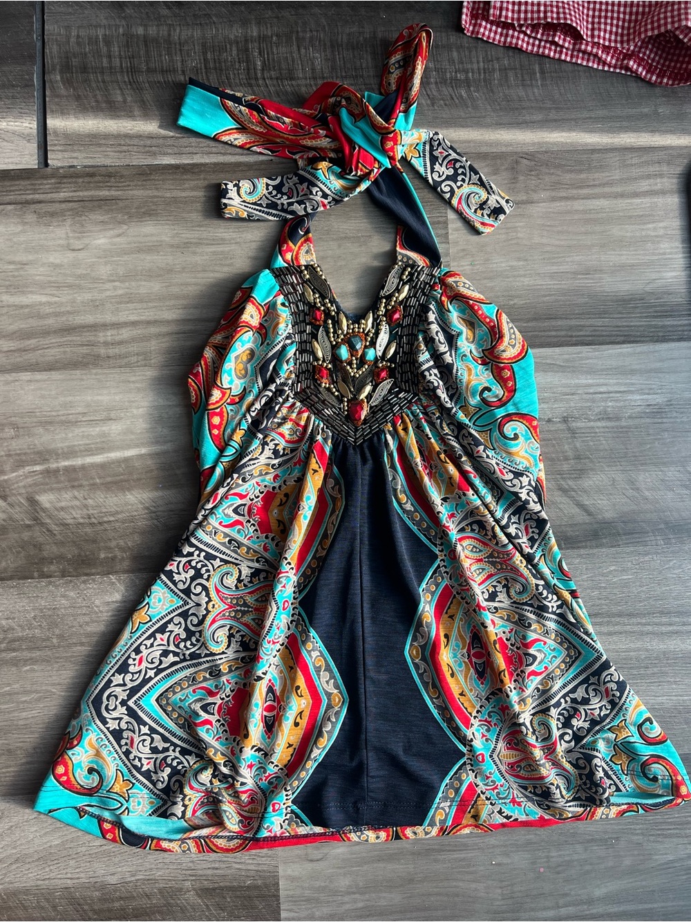 VENUS Turquoise, Red & Black Paisley Halter Tank with Beaded Neckline